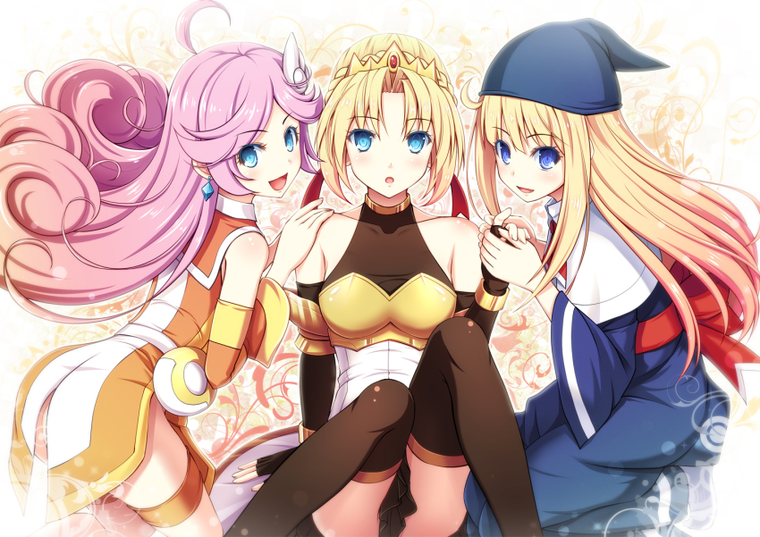 3girls :d :o ahoge akashio_(loli_ace) alex_(puyopuyo) arm_support bare_shoulders black_gloves black_legwear blonde_hair blue_eyes blush collarbone compile detached_sleeves earrings elbow_gloves fingerless_gloves gloves hat holding_hands jewelry long_hair looking_at_viewer madou_monogatari multiple_girls open_mouth orange_shirt pink_hair puyopuyo puyopuyo_quest raffina_(puyopuyo) raffina_(puyopuyo) sega shirt short_hair smile thighhighs tiara witch witch_(puyopuyo)