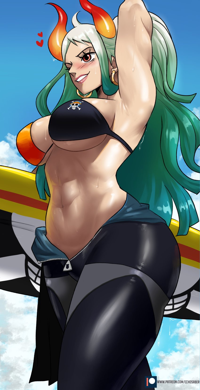 1girl abs absurdres ahoge alternate_costume aqua_hair arm_behind_back arm_up armpits bikini bikini_top_only blue_sky blush bodysuit breasts cloud curled_horns curvy day diving_suit earrings echo_saber from_below from_side green_hair grey_hair heart highres holding holding_surfboard hoop_earrings horns jewelry large_breasts lips long_hair multicolored_hair multicolored_horns navel one_piece oni orange_eyes outdoors parted_lips red_horns shiny_clothes shiny_skin skull_and_crossbones sky smile solo stomach surfboard swimsuit thick_thighs thighs toned underboob unzipped very_long_hair walking wetsuit wide_hips yamato_(one_piece) yellow_horns zipper zipper_pull_tab