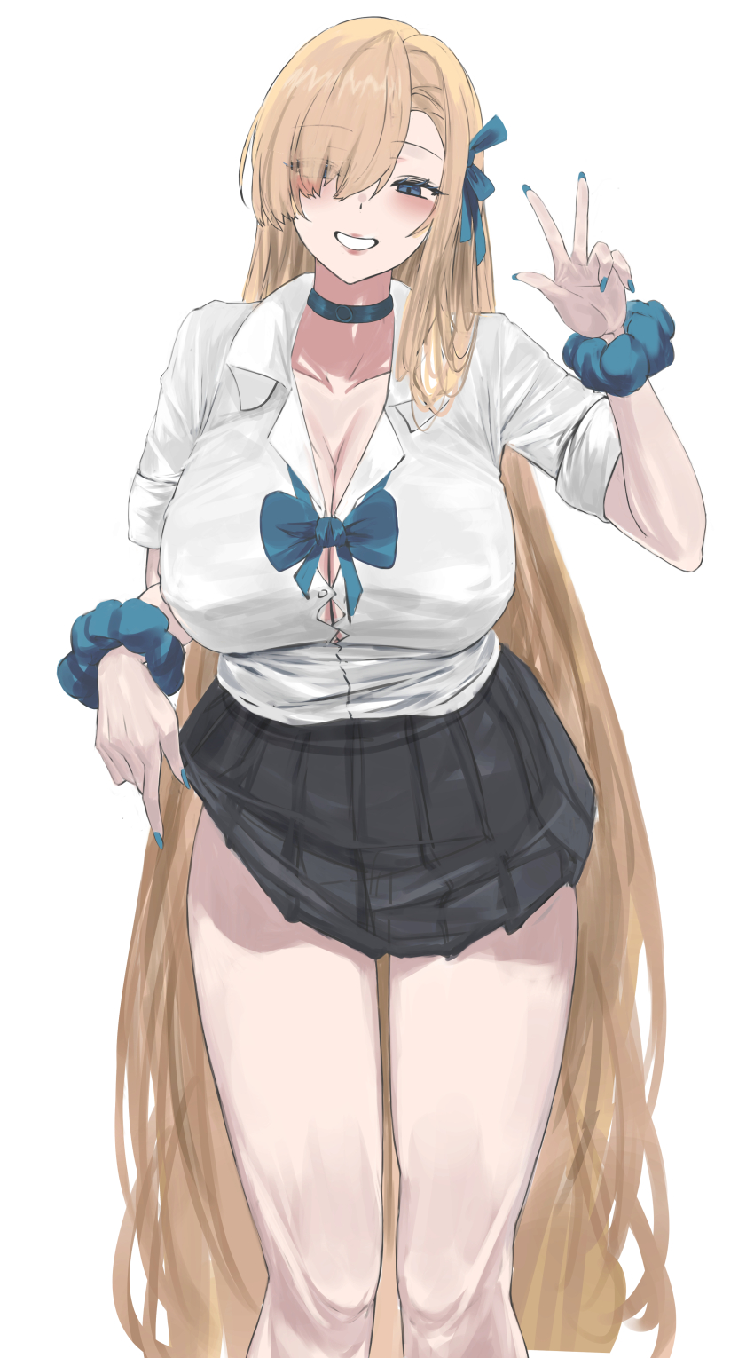 1girl absurdres asuna_(blue_archive) black_choker black_skirt blonde_hair blue_archive blue_bow blue_bowtie blue_eyes blue_ribbon blue_scrunchie blush bow bowtie breasts choker cleavage clothes_lift collarbone collared_shirt eyes_visible_through_hair feet_out_of_frame grin hair_over_one_eye hair_ribbon highres large_breasts lifting_own_clothes light_brown_hair long_hair looking_at_viewer nuo_(fttv3255) pleated_skirt ribbon scrunchie shirt simple_background skirt skirt_lift smile solo very_long_hair w white_background white_shirt wrist_scrunchie