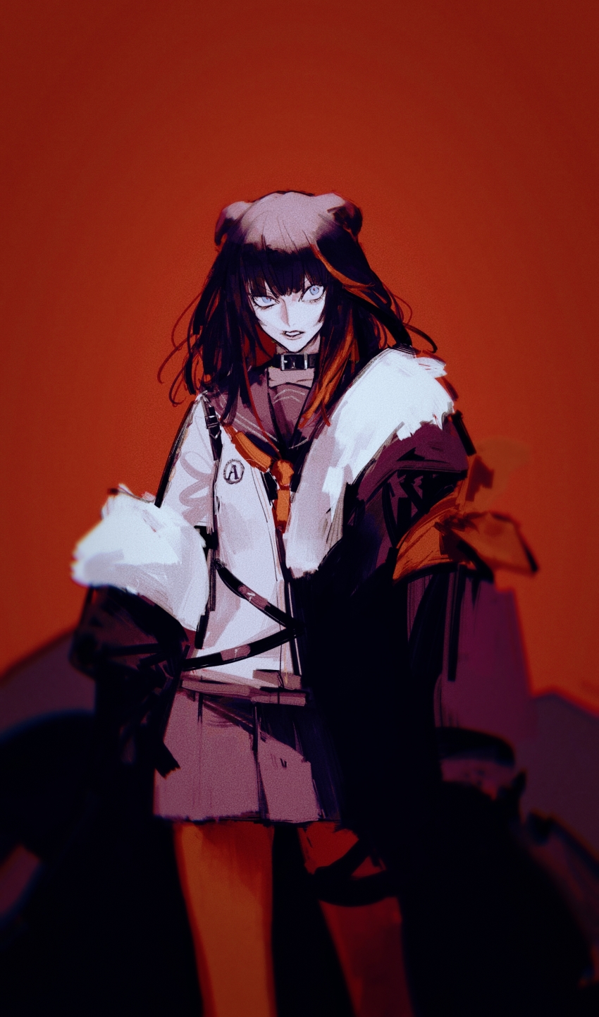 1girl absurdres animal_collar animal_ears arknights bear_ears black_coat black_collar black_hair black_skirt blue_eyes blunt_bangs coat coat_partially_removed collar commentary constricted_pupils feet_out_of_frame fur-trimmed_coat fur_trim highres huangjin_shizi jacket long_hair looking_up multicolored_hair neckerchief open_mouth orange_hair orange_neckerchief pantyhose red_background red_pantyhose red_pupils sailor_collar simple_background sketch skirt solo standing streaked_hair symbol-only_commentary two-tone_hair uneven_eyes white_jacket zima_(arknights)