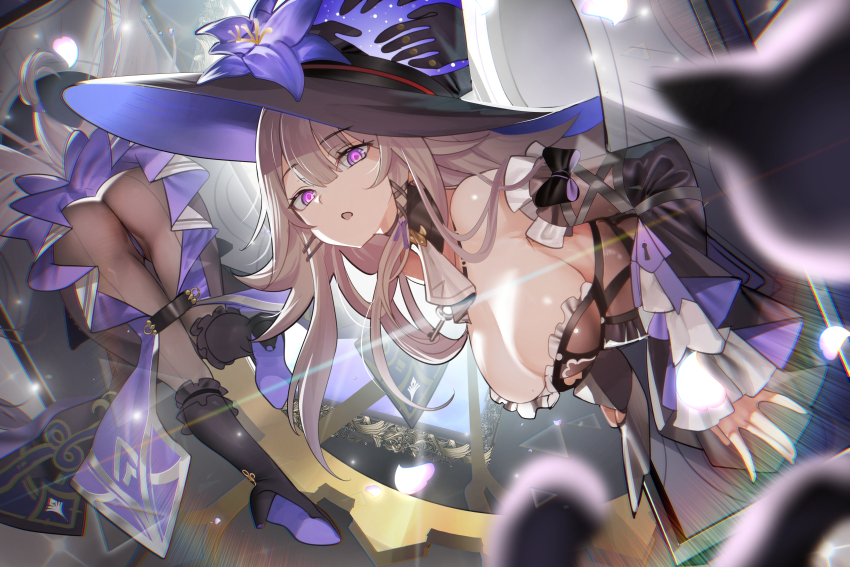 1girl :o absurdres ass bare_shoulders black_dress black_footwear black_hat black_pantyhose black_sleeves blurry blurry_foreground boots breasts brown_hair chromatic_aberration commentary detached_sleeves dress flower hair_ornament hat hat_flower herta_(honkai:_star_rail) high_heel_boots high_heels highres honkai:_star_rail honkai_(series) jewelry key key_necklace large_breasts leaning_forward long_hair looking_at_viewer multiple_views necklace open_mouth pantyhose purple_eyes purple_flower teddypocky the_herta_(honkai:_star_rail) very_long_hair witch_hat