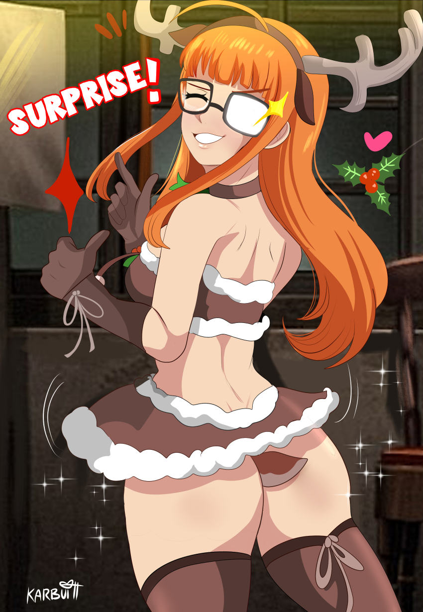 1girl absurdres anal anal_beads anal_object_insertion anal_tail animal_ears antlers ass browk_skirt brown_gloves brown_thighhighs butt_plug christmas fake_animal_ears fake_antlers fake_tail female_focus glasses gloves highres horns karbuitt long_hair megami_tensei mistletoe object_insertion one_eye_closed orange_hair persona persona_5 reindeer_antlers sakura_futaba sex_toy solo strapless tail thighhighs tube_top wink