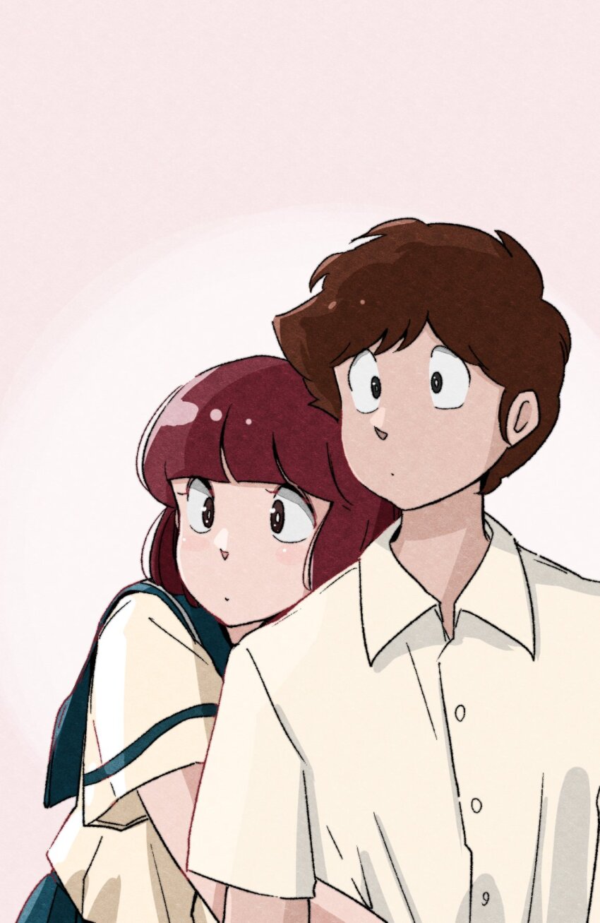 1980s_(style) 1boy 1girl black_eyes blue_sailor_collar blue_skirt blunt_bangs bob_cut bright_pupils brown_hair closed_mouth collared_shirt commentary dot_mouth dress_shirt eyelashes front-to-back gradient_background highres hug hug_from_behind looking_afar looking_to_the_side miyake_shinobu moroboshi_ataru oldschool paper_texture pink_background poppowerhearts retro_artstyle sailor_collar school_uniform shirt short_sleeves skirt summer_uniform symbol-only_commentary upper_body urusei_yatsura wavy_hair white_pupils white_shirt wide-eyed