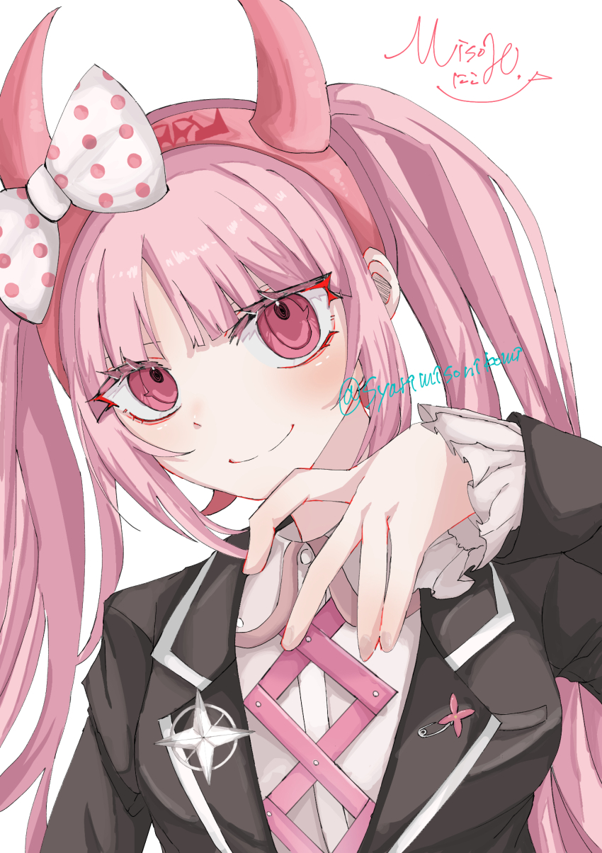 1girl black_jacket blush bow child closed_mouth danganronpa_(series) danganronpa_another_episode:_ultra_despair_girls eyebrows eyelashes fake_horns female_focus fingernails hand_up horned_headwear horns jacket long_sleeves looking_at_viewer matching_hair/eyes pink_eyes pink_hair pink_horns pink_ribbon polka_dot polka_dot_bow ribbon shirt signature simple_background smile solo solo_focus upper_body utsugi_kotoko white_background white_bow white_shirt