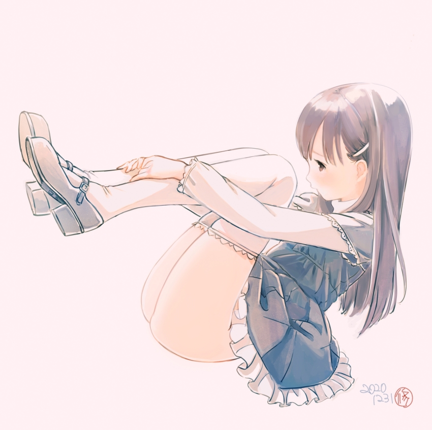 1girl ass dated dress female_focus frilled_dress frills from_side hair_ornament hairclip highres kokudou_juunigou legs_up long_hair mary_janes original pantyhose profile shoes simple_background solo white_background white_pantyhose