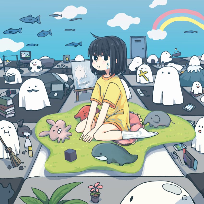 1girl :i black_eyes black_hair book broom camera commentary computer cross facial_hair fish flower ghost glasses highres laptop mountain mustache nintendo_switch original painting_(object) rainbow reading short_hair sitting sleeping stuffed_toy sweatdrop sweeping symbolism wariza yomoi_nui