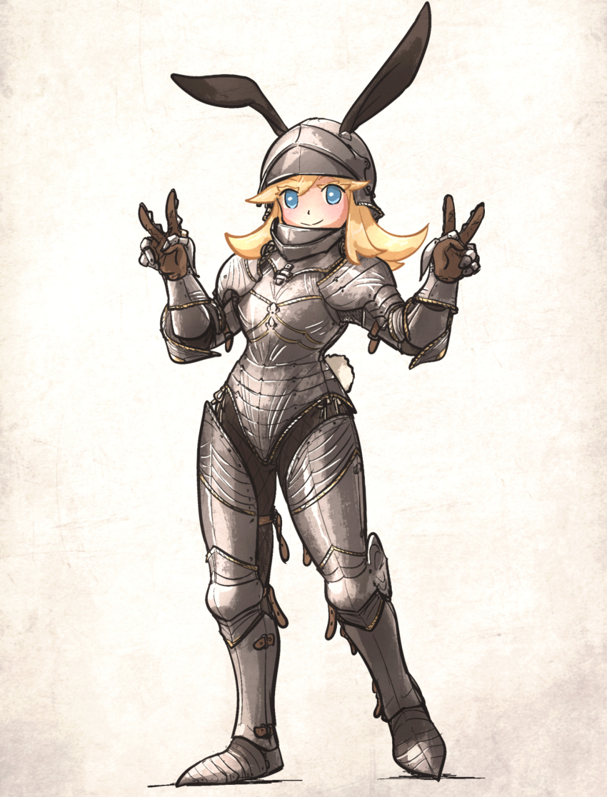 1girl armor bevor blonde_hair blue_eyes breastplate couter cuirass double_v full_armor gauntlets gothic_plate_armor greaves helmet highres ironlily long_hair looking_at_viewer original pauldrons perlweiss_(ironlily) plate_armor rerebrace sallet shoulder_armor smile solo v vambraces visor_(armor) visor_lift