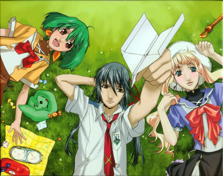 1boy 2girls absurdres ai-kun alien blonde_hair blue_hair earrings ebata_risa fang green_hair highres jewelry long_hair macross macross_frontier multiple_girls necktie official_art open_mouth orange_eyes outdoors paper_airplane pet ranka_lee saotome_alto school_uniform sheryl_nome vajra_(macross)