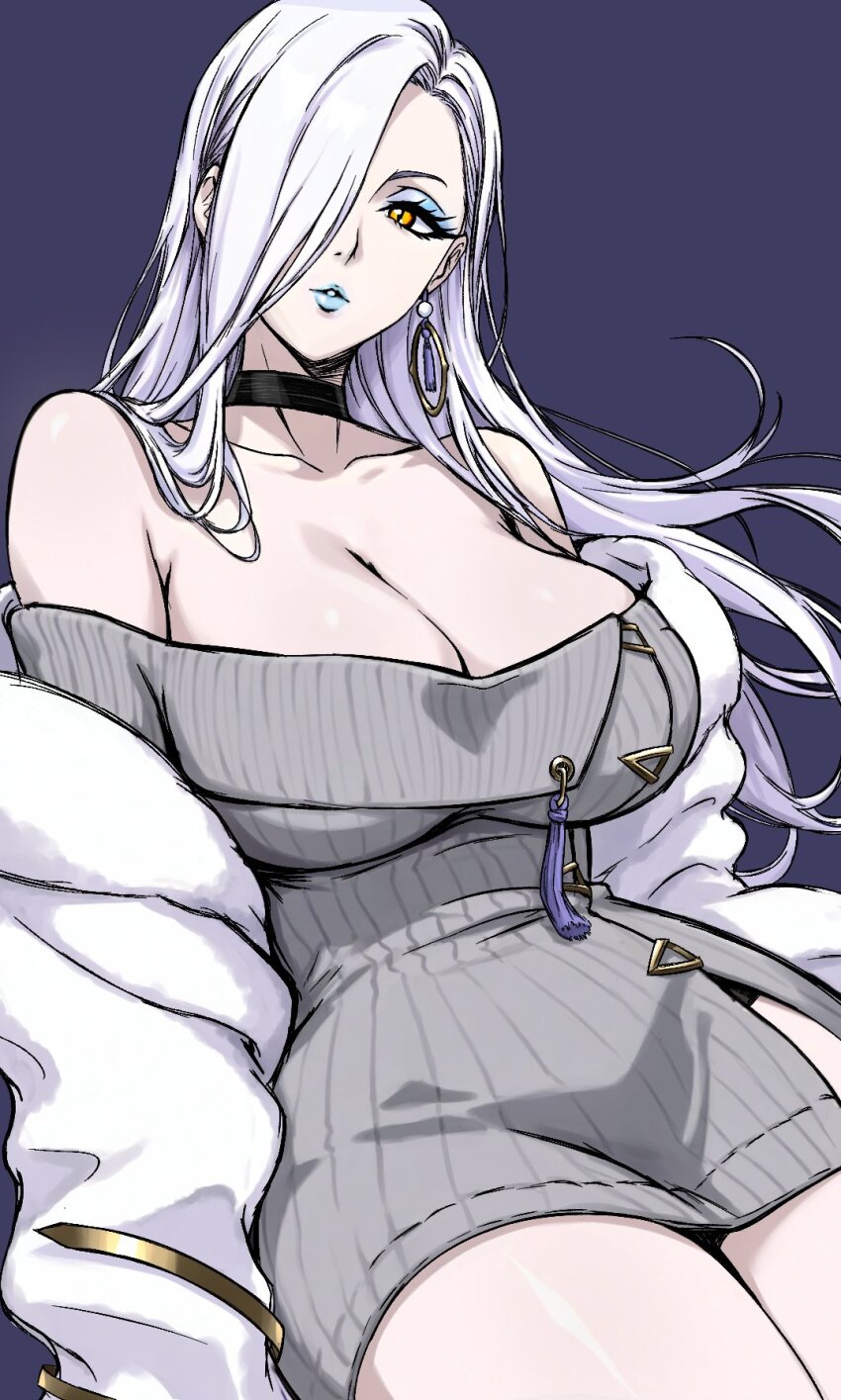 1girl bare_shoulders black_choker blue_background blue_eyeliner blue_lips breasts choker cleavage commentary dress earrings english_commentary eyeliner fate/grand_order fate_(series) grey_dress hair_behind_ear hair_over_one_eye highres hoop_earrings huge_breasts jacket jewelry makeup off_shoulder omi-san_(fate) pale_skin ribbed_dress sitting slit_pupils solo sweater sweater_dress tassel white_jacket yellow_eyes zantyarz