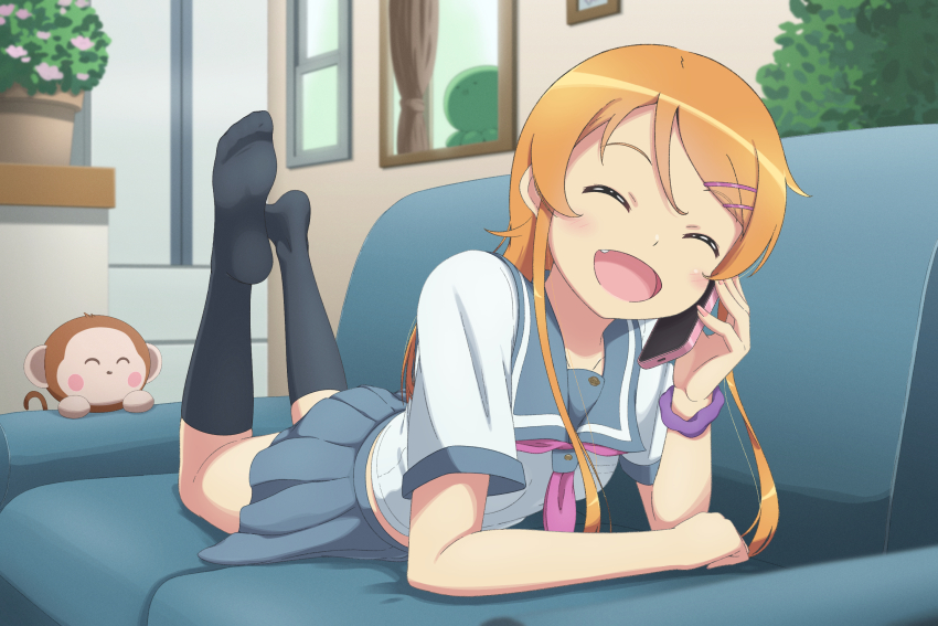 1girl black_socks blue_sailor_collar blue_skirt blush cellphone closed_eyes commentary couch english_commentary fang feet feet_up full_body hair_ornament hairclip highres indoors kousaka_kirino kousaka_kirino&#039;s_school_uniform long_hair lying neckerchief no_shoes on_stomach open_mouth orange_hair ore_no_imouto_ga_konna_ni_kawaii_wake_ga_nai phone pink_neckerchief plant pleated_skirt potted_plant sailor_collar scarletsky school_uniform scrunchie serafuku short_sleeves skirt smartphone smile socks soles solo stuffed_animal stuffed_monkey stuffed_octopus stuffed_toy talking_on_phone the_pose wrist_scrunchie