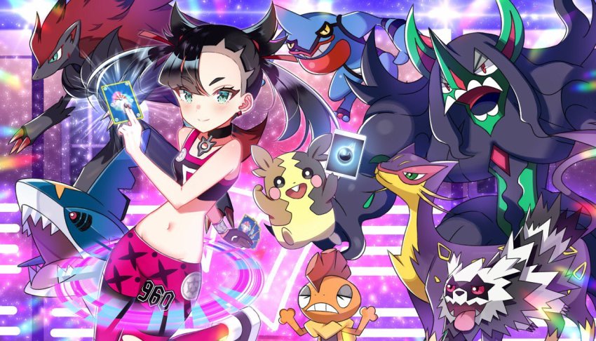 1girl asymmetrical_bangs black_choker black_hair black_nails breasts card choker closed_mouth creatures_(company) earrings galarian_form galarian_zigzagoon game_freak gen_3_pokemon gen_4_pokemon gen_5_pokemon gen_8_pokemon green_eyes grimmsnarl gym_leader gym_uniform hair_ribbon holding holding_card jewelry leg_up liepard lights marnie_(pokemon) midriff minatoasu morpeko morpeko_(full) multicolored_background nail_polish narrow_waist navel nintendo pants pendant_choker pokemon pokemon_(creature) pokemon_swsh pokemon_tcg red_ribbon ribbon scrafty sharpedo small_breasts smile sports_bra stadium tight_clothes tight_pants torn_clothes toxicroak twintails two_side_up zoroark