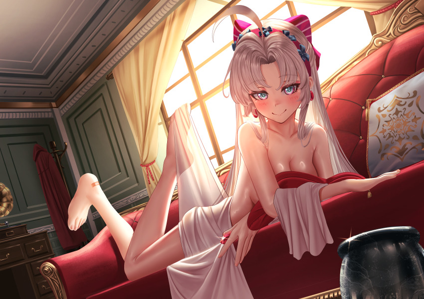 1girl absurdres ahoge bandaid barefoot blue_eyes blush bow breasts carlotta_(wuthering_waves) closed_mouth clothes_hanger coat collarbone commentary completely_nude couch curtains dutch_angle earrings feet gem hair_bow highres holding holding_gem huge_ahoge indoors jewelry large_breasts long_hair looking_at_viewer lying manjo_(warito) nude on_couch on_stomach phonograph pink_bow pink_eyes red_coat smile soles solo striped_bow the_pose toes two-tone_eyes unworn_coat very_long_hair white_hair window wuthering_waves