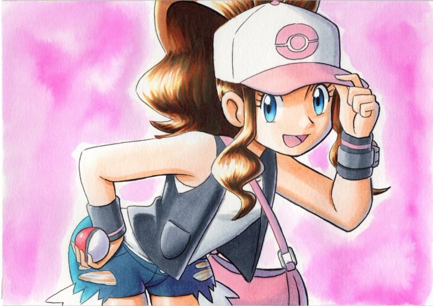 1girl :d baseball_cap black_vest blue_eyes brown_hair commentary_request cowboy_shot creatures_(company) denim denim_shorts eyelashes game_freak hand_on_headwear hand_up hat high_ponytail hilda_(pokemon) holding holding_poke_ball leaning_forward long_hair nintendo oka_mochi open_mouth pink_background poke_ball poke_ball_(basic) pokemon pokemon_bw shirt short_shorts shorts sidelocks sleeveless sleeveless_shirt smile solo tongue traditional_media vest white_shirt wristband