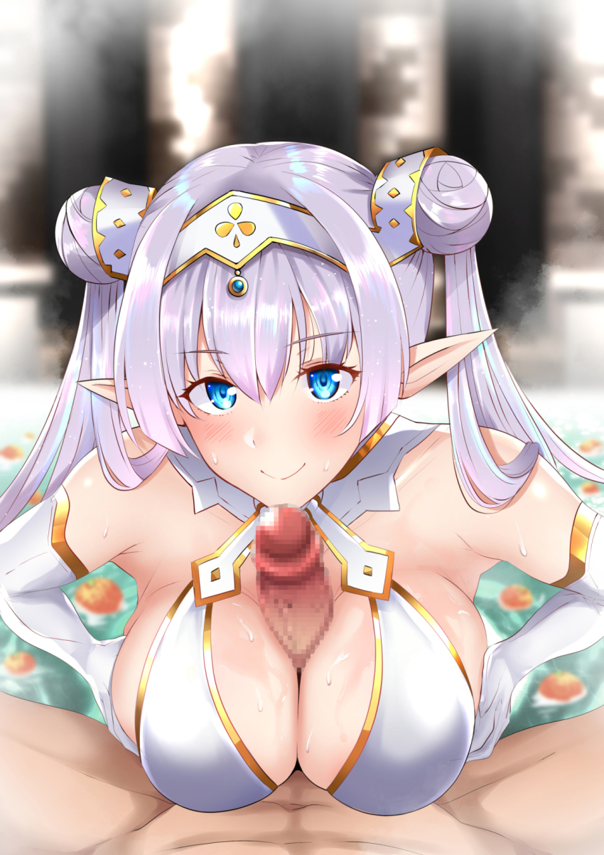 1boy 1girl bare_shoulders blue_eyes blush breasts breasts_squeezed_together britomart_(fate) britomart_(second_ascension)_(fate) censored cleavage dain_(bishop_m) double_bun dress elbow_gloves erection fate/grand_order fate_(series) gloves gold_trim grey_hair hair_bun hairband hetero highres large_breasts long_hair looking_at_viewer paizuri penis pointy_ears smile twintails very_long_hair white_dress white_gloves