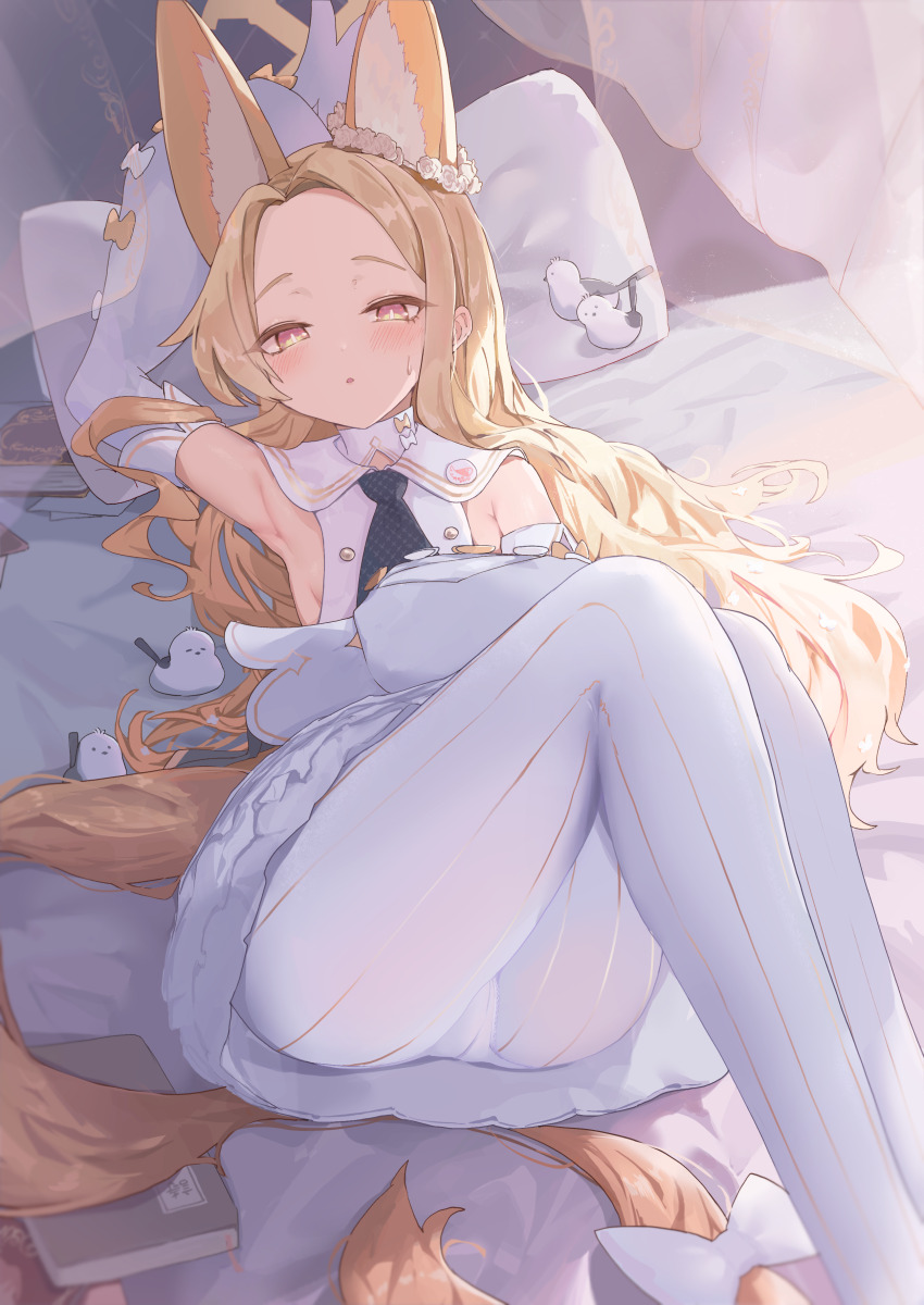 1girl :o absurdres animal_ears arm_up armpits ass bed_sheet bird blonde_hair blue_archive blush bow breasts bright_pupils buttons detached_sleeves double-breasted dress forehead fox_ears hair_bow halo highres knees_up long_hair looking_at_viewer lying nekoplanetouo on_back panties panties_under_pantyhose pantyhose pillow seia_(blue_archive) sideboob sideless_dress small_breasts solo sweatdrop underwear very_long_hair white_bow white_dress white_panties white_pupils yellow_eyes