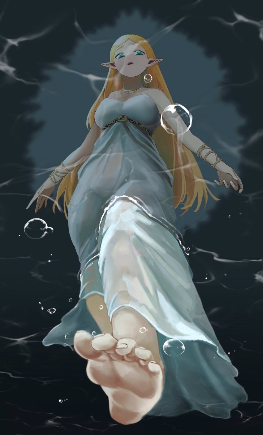 1girl air_bubble bare_shoulders barefoot blonde_hair blue_eyes bracelet breasts bubble commentary_request dress feet foot_in_water furrowed_brow highres jewelry medium_breasts nintendo open_mouth otsubo_kiko parted_bangs pointy_ears princess_zelda solo strapless strapless_dress teeth the_legend_of_zelda the_legend_of_zelda:_breath_of_the_wild toenails triforce underwater underwater_view upper_teeth_only water white_dress