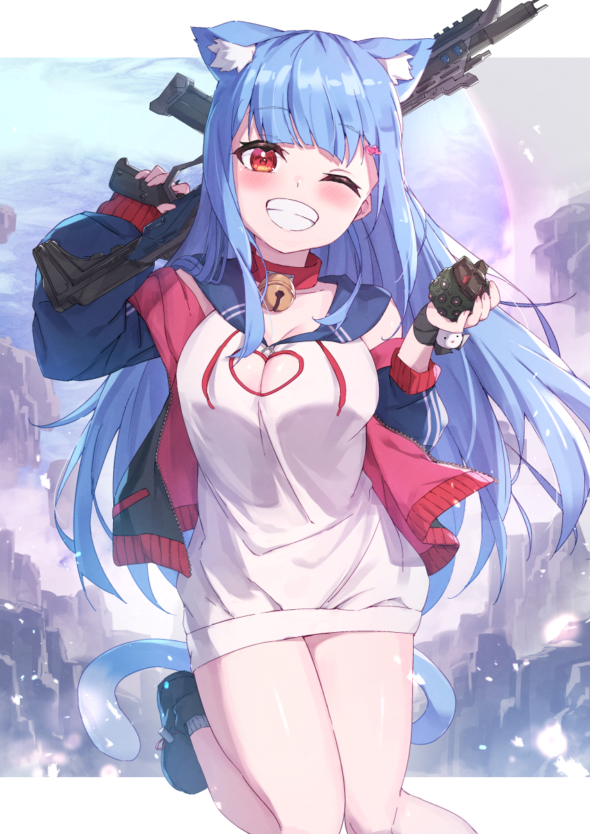 1girl absurdres animal_ear_fluff animal_ears apex_legends bare_shoulders black_footwear black_jacket blue_hair blush breasts cat_ears cat_girl cat_tail cleavage cleavage_cutout clothing_cutout commentary_request drawstring explosive grenade grin gun hands_up heart_cutout highres holding holding_gun holding_weapon hood hood_down hoodie jacket long_hair long_sleeves looking_at_viewer masaki_(msk064) medium_breasts off_shoulder one_eye_closed open_clothes open_jacket plivyou puffy_long_sleeves puffy_sleeves red_eyes shikai_yue shoes sleeveless sleeveless_hoodie smile solo tail very_long_hair virtual_youtuber weapon weapon_request white_hoodie