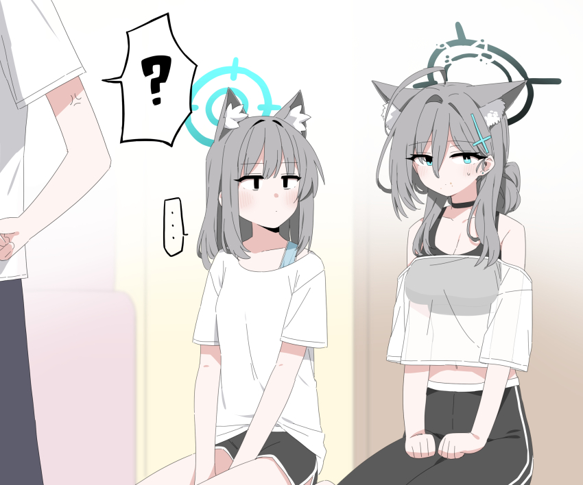 ... 1boy 2girls ? absurdres ahoge anger_vein animal_ear_fluff animal_ears b.t._(boob_tong) black_choker black_halo blue_archive blue_eyes blue_halo blush breasts broken_halo choker cleavage cross cross_hair_ornament dark_halo extra_ears grey_hair hair_between_eyes hair_ornament halo highres inverted_cross large_breasts long_hair looking_at_another mismatched_pupils multiple_girls see-through_clothes sensei_(blue_archive) shiroko_(blue_archive) shiroko_terror_(blue_archive) speech_bubble spoken_ellipsis spoken_question_mark sports_bra wolf_ears wolf_girl