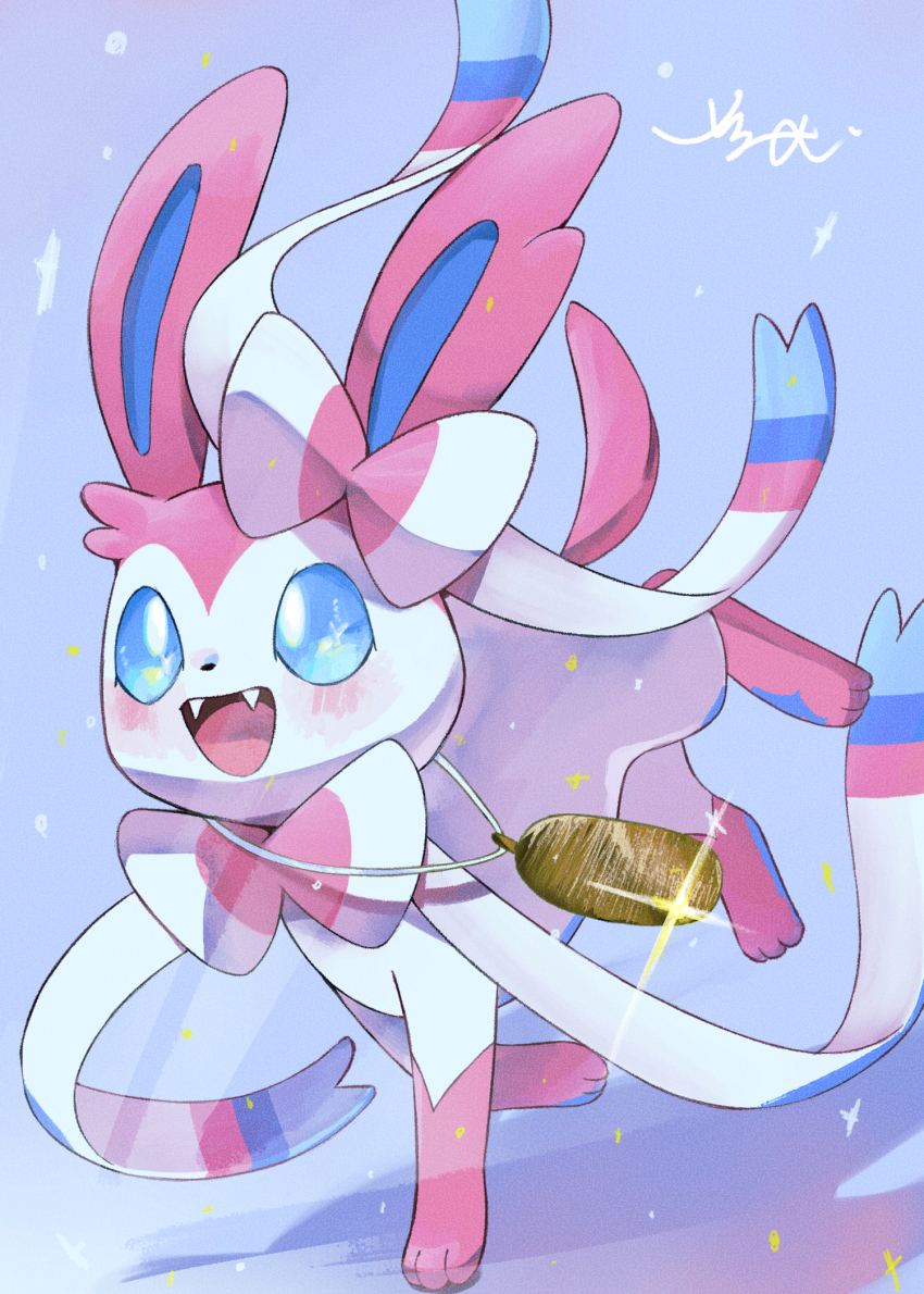 animal_focus bad_tag blue_eyes blush bow commentary_request creatures_(company) fangs game_freak gen_6_pokemon highres jewelry necklace nintendo no_humans open_mouth pokemon pokemon_(creature) shadow simple_background smile surumeika_(ninfiiiir) sylveon walking