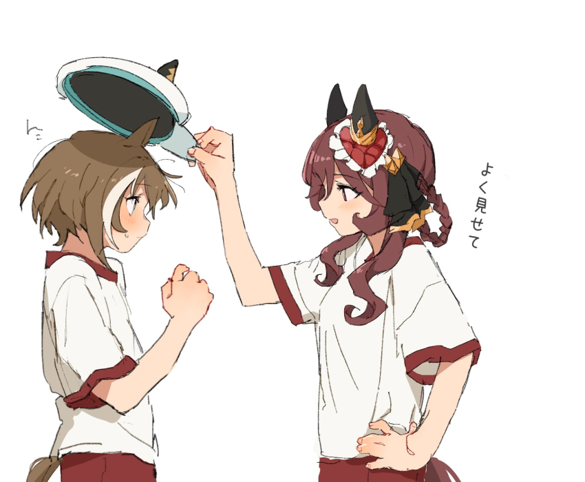 2girls animal_ears blue_eyes braid braided_hair_rings brown_hair cheval_grand_(umamusume) commentary ear_covers from_side gentildonna_(umamusume) gym_shirt hair_rings hat heart-shaped_ornament highres horse_ears horse_girl long_hair multicolored_hair multiple_girls red_eyes removing_hat shirt simple_background streaked_hair symbol-only_commentary tracen_training_uniform umamusume white_background white_hair white_shirt yano_(edbr1022)