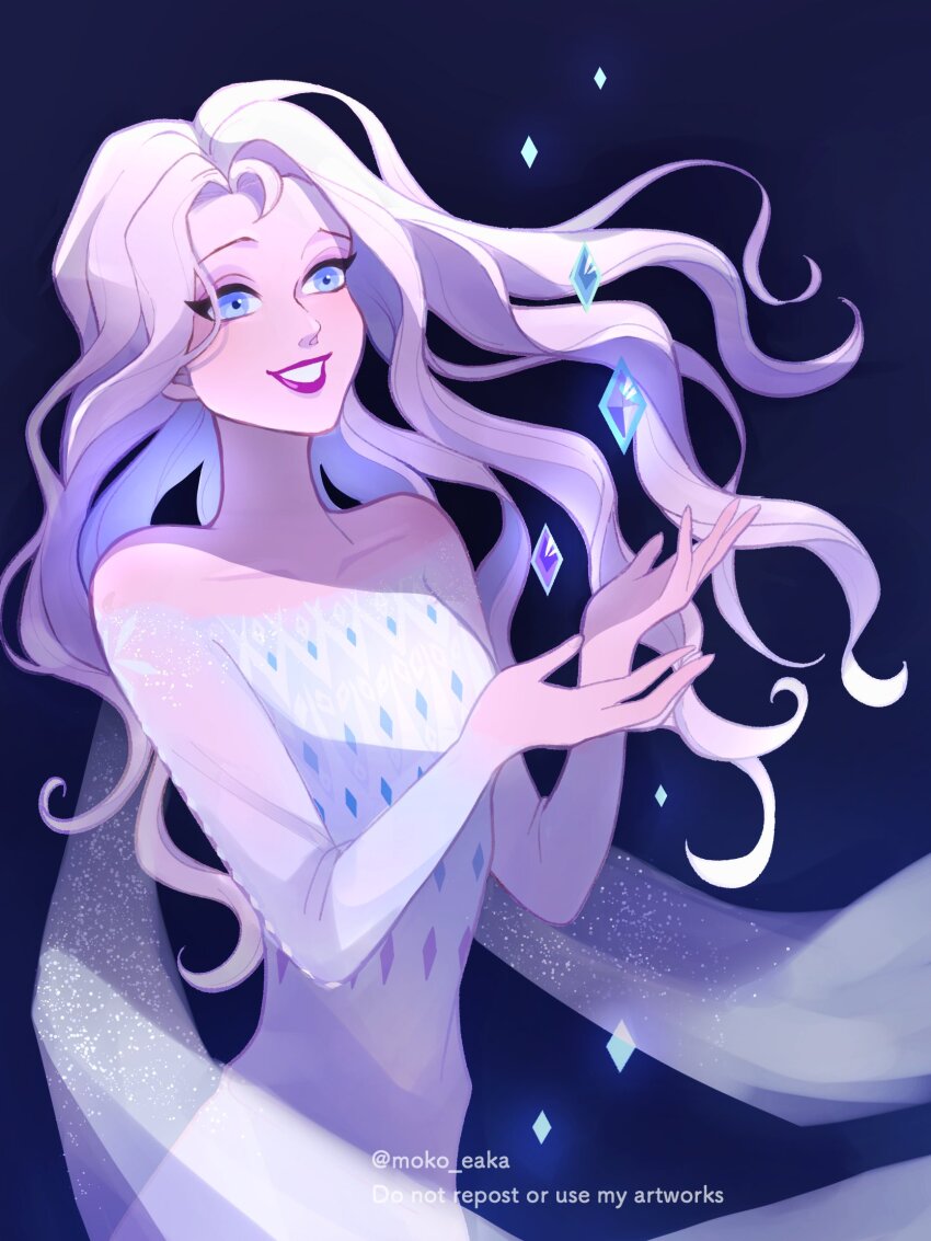 1girl bare_shoulders blonde_hair blue_background blue_eyes commentary_request cowboy_shot crystal dress elsa_(frozen) eyeshadow floating_hair frozen_(disney) highres long_hair looking_up makeup moko_eaka purple_eyeshadow purple_lips simple_background solo white_dress