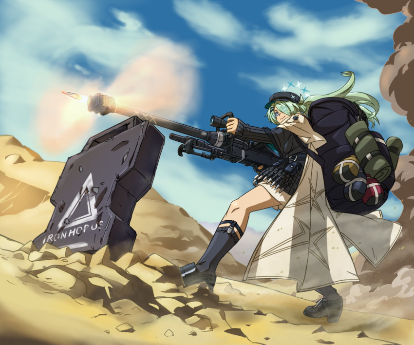 1girl anti-materiel_rifle aqua_hair backpack bag blue_archive bullet cabbie_hat desert dust_cloud duster firing green_halo gun gundam gundam_08th_ms_team hair_over_one_eye halo hat hat_ornament hihachi hiyori_(blue_archive) holding holding_gun holding_weapon long_hair ntw-20 parody rifle shield shining_shoot_(pose) smoke sniper_rifle star_(symbol) star_hat_ornament weapon