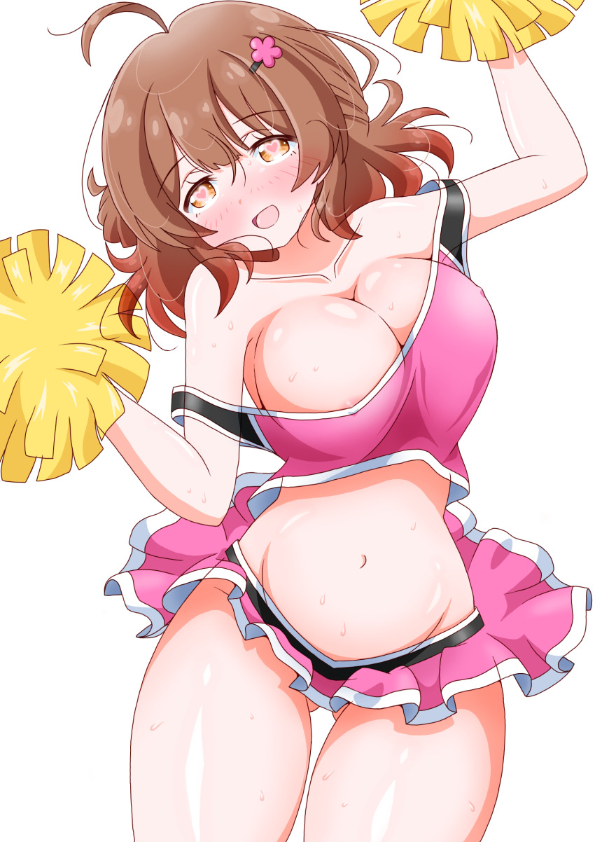 1girl :d ahoge areola_slip blush breasts brown_eyes brown_hair cheerleader cleavage collarbone commentary_request covered_erect_nipples double_strap_slip flower gakuen_idolmaster gluteal_fold gradient_hair hair_flower hair_ornament hanami_ume heart heart-shaped_pupils highres idolmaster imai_kazunari large_breasts lying medium_breasts multicolored_hair navel open_mouth pink_shirt pink_skirt pom_pom_(cheerleading) shirt sidelocks simple_background skirt smile solo symbol-shaped_pupils thighs white_background