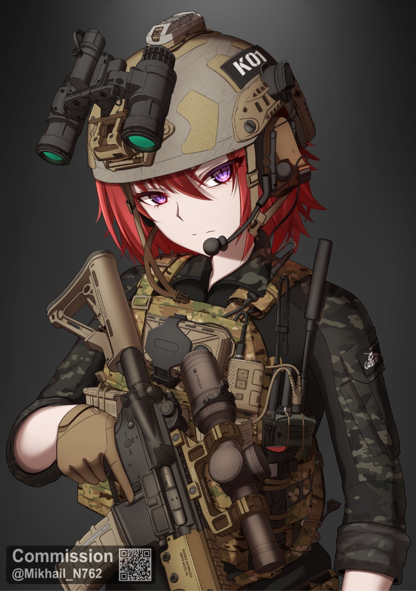 1girl absurdres binoculars bulletproof_vest camouflage gloves gun helmet highres mikhail_n762 military military_uniform night-vision_device original purple_eyes red_hair rifle short_hair tactical_clothes weapon