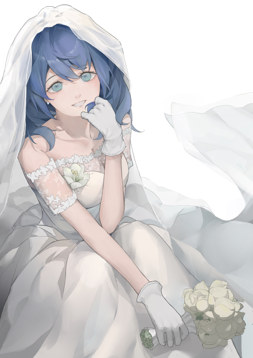 1girl absurdres bare_shoulders blue_eyes blue_hair bouquet breasts bridal_veil cleavage clenched_teeth collarbone dress flower gloves highres holding holding_bouquet lace lace-trimmed_dress lace_trim large_breasts long_dress looking_at_viewer make_heroine_ga_oo_sugiru! medium_hair rktusi simple_background sitting solo strapless strapless_dress teeth veil wedding_dress white_background white_dress white_flower white_gloves yanami_anna