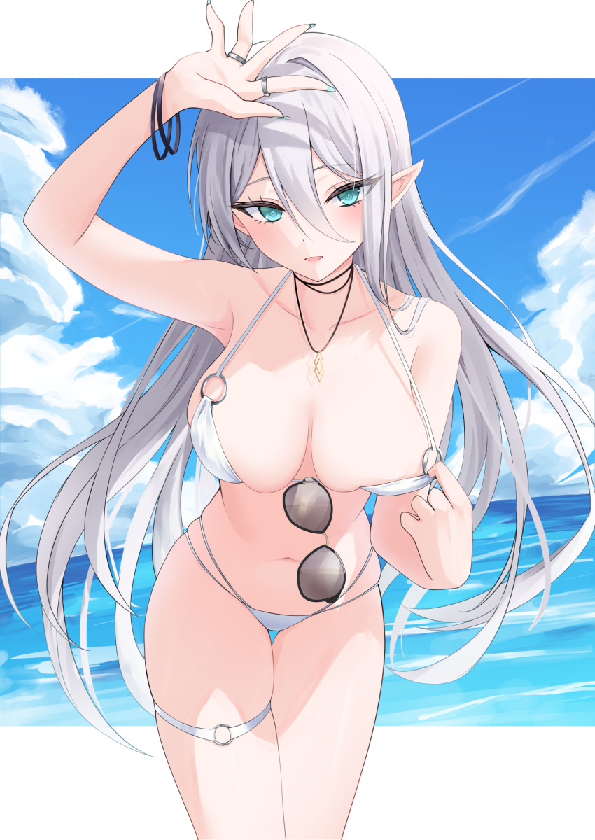 1girl arm_up bikini bracelet breasts highres jewelry large_breasts long_hair looking_at_viewer mikoto_paint navel necklace ocean original outdoors pointy_ears ring sky solo sunglasses swimsuit thigh_strap very_long_hair white_bikini white_hair