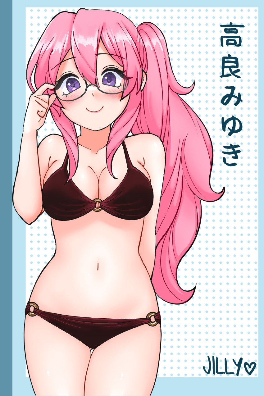 1girl absurdres adjusting_eyewear arm_behind_back artist_name bikini blush breasts commentary glasses highres jilly_(jillyplush) long_hair looking_at_viewer lucky_star medium_breasts navel o-ring o-ring_bikini pink_hair ponytail purple_eyes smile solo swimsuit takara_miyuki translation_request