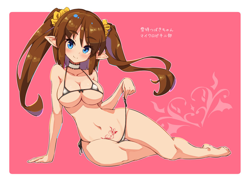 1girl absurdres barefoot bikini blue_eyes blush breasts brown_hair choker cleavage closed_mouth elf eyebrows_hidden_by_hair frilled_choker frills full_body highres indie_virtual_youtuber large_breasts long_hair looking_at_viewer lying mefuchan micro_bikini navel on_side pink_background pointy_ears pubic_tattoo simple_background smile solo swimsuit tattoo toes twintails underboob undressing untying virtual_youtuber white_background white_bikini yukimachi_tsubaki