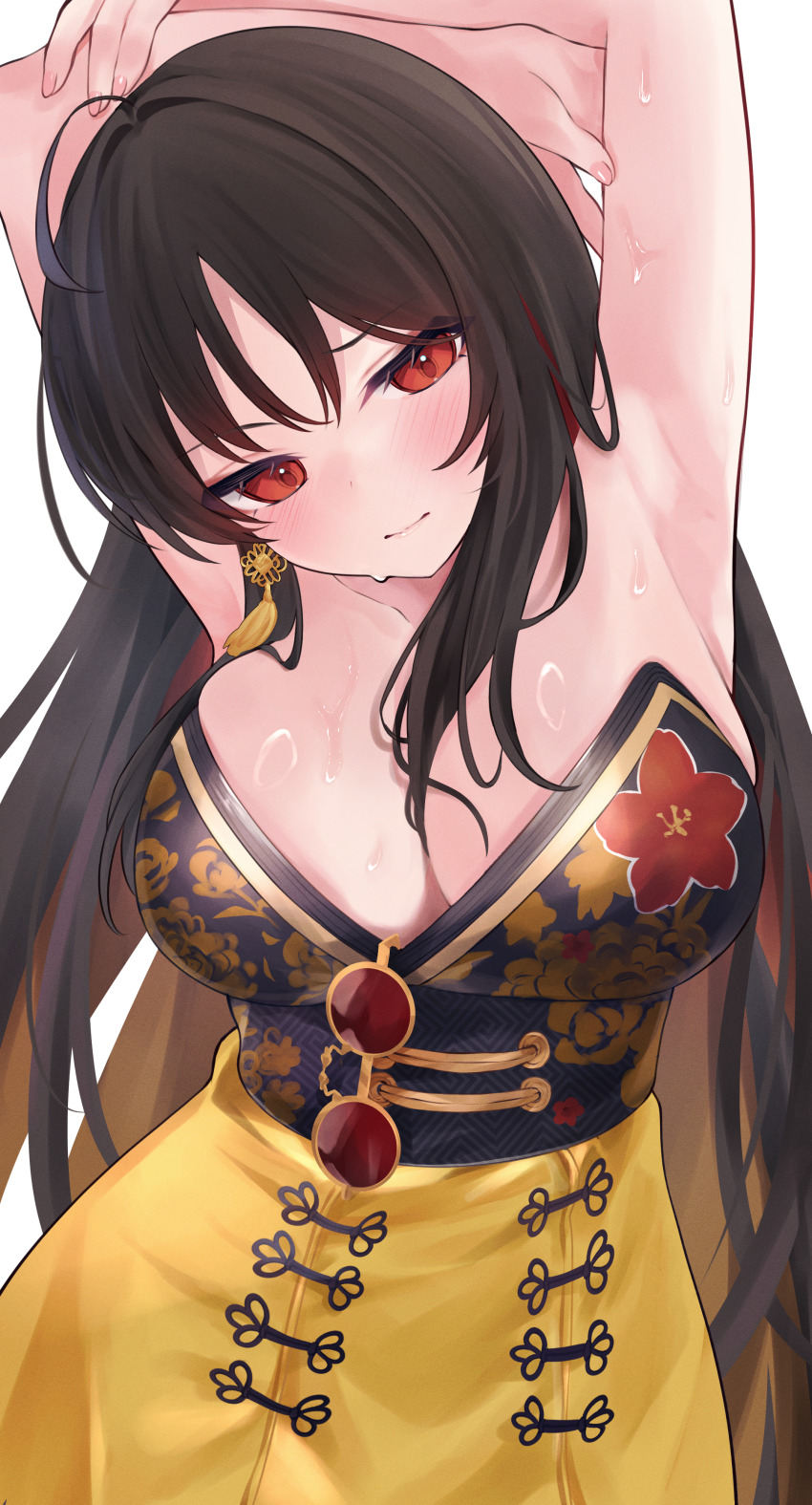 1girl absurdres ahoge armpits arms_behind_head arms_up black_hair blush breasts brown_hair chinese_clothes cleavage closed_mouth colored_inner_hair commentary cowboy_shot earrings eyewear_hang floral_print genmai_komeko goddess_of_victory:_nikke head_tilt highres jewelry large_breasts long_hair looking_at_viewer moran_(nikke) multicolored_hair presenting_armpit red-tinted_eyewear red_eyes red_hair round_eyewear simple_background skirt solo sunglasses sweat tassel tassel_earrings tinted_eyewear unworn_eyewear white_background yellow_skirt