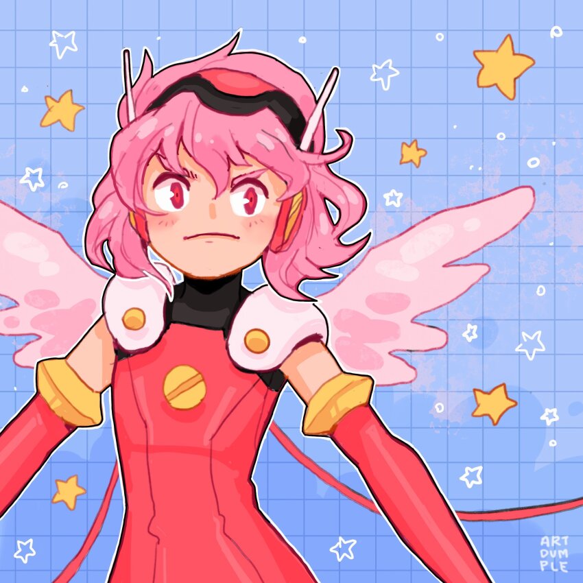 1girl angelic_layer artdumple blue_background blush bodysuit closed_mouth grid_background headset highres hikaru_(angelic_layer) looking_at_viewer pink_hair pink_wings red_bodysuit red_eyes serious short_hair signature solo star_(symbol) upper_body wings