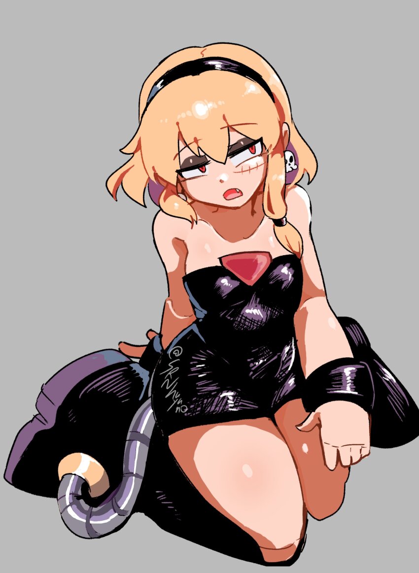 1girl absurdres bare_shoulders black_dress blonde_hair breasts dress earrings full_body grey_background highres jewelry kneeling mega_man_(classic) mega_man_(series) original piano_(srnhuyuno) red_eyes scar scar_on_face simple_background skull_earrings small_breasts solo srnhuyuno strapless strapless_dress