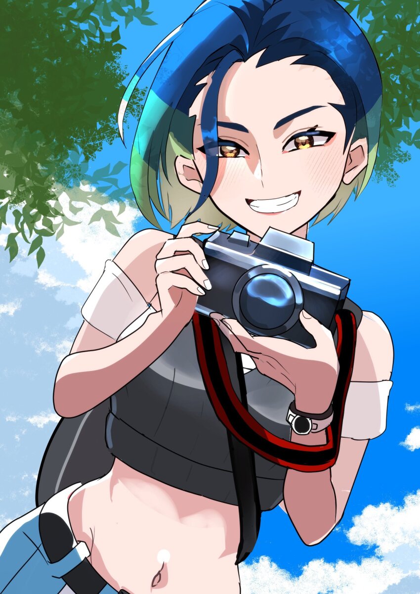 1girl akisame_kanon bare_shoulders blue_hair blue_sky bob_cut brown_eyes camera cloud creatures_(company) crop_top game_freak green_hair grin highres holding holding_camera looking_at_viewer loose_hair_strand midriff multicolored_hair nintendo off-shoulder_shirt off_shoulder perrin_(pokemon) photographer pokemon pokemon_sv shirt short_hair short_sleeves sky smile solo tree