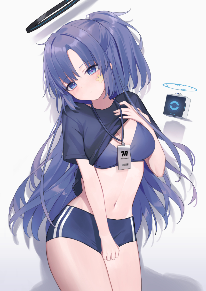 1girl black_shirt blue_archive blue_bra blue_buruma bra breasts buruma clothes_lift double_vertical_stripe drone gym_shirt gym_uniform halo highres lanyard long_hair looking_at_viewer mechanical_halo medium_breasts navel parted_bangs purple_eyes purple_hair shiroraku shirt shirt_lift short_sleeves simple_background solo standing star_sticker sticker_on_face thighs underwear white_background yuuka_(blue_archive) yuuka_(track)_(blue_archive)