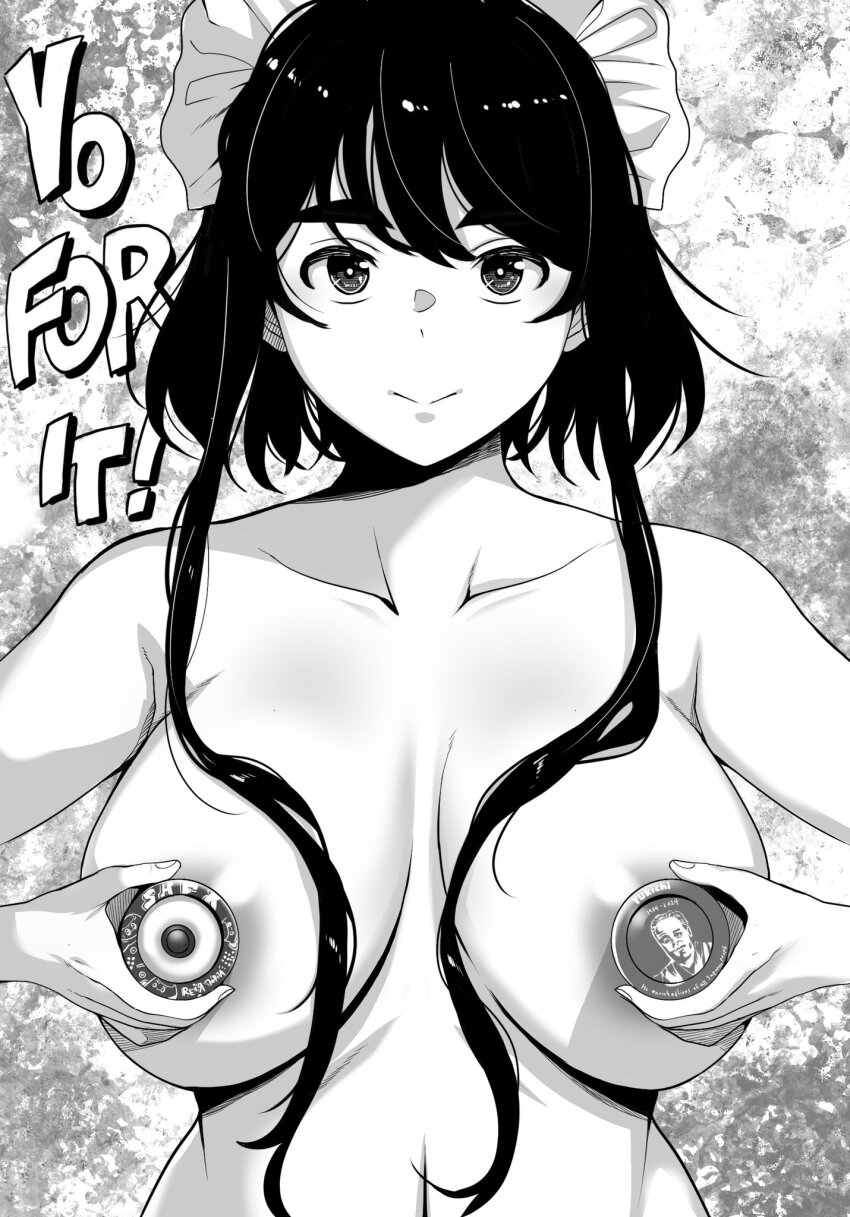 1girl black_eyes black_hair breasts chicken4260 closed_mouth collarbone completely_nude covering_nipples covering_privates english_text frills highres holding large_breasts looking_at_viewer maid_headdress nude original solo upper_body yo-yo