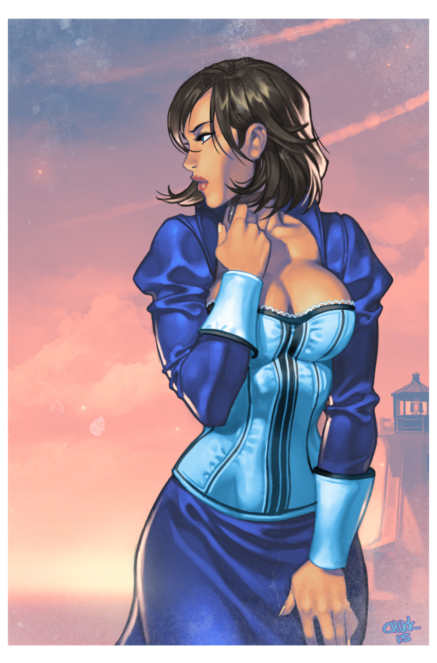 1girl absurdres bioshock bioshock_(series) bioshock_infinite blue_eyes breasts brown_hair bustier choker chuck_pires cleavage corset dress elizabeth_(bioshock_infinite) eyeliner female_focus high_collar highres large_breasts lips lipstick makeup short_hair solo wrist_cuffs