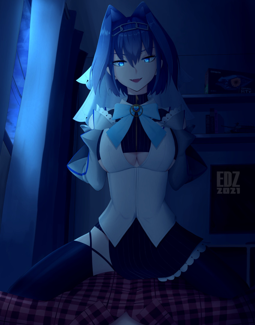 1girl blue_eyes breasts chain cleavage clothing_cutout edzactly gloves highres hololive hololive_english looking_at_viewer open_mouth ouro_kronii ouro_kronii_(1st_costume) smile thighhighs underboob underboob_cutout virtual_youtuber