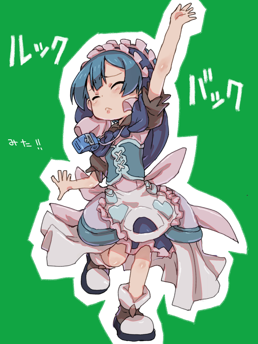 1boy apron arm_up back_bow blue_bow blue_bowtie blue_capelet blue_corset blue_footwear blue_hair bow bowtie capelet closed_eyes closed_mouth corset frilled_apron frills green_background highres made_in_abyss maid maid_apron maid_headdress maruruk outline pink_bow short_hair simple_background solo text_focus trap whistle whistle_around_neck white_apron white_outline ximu_shilang