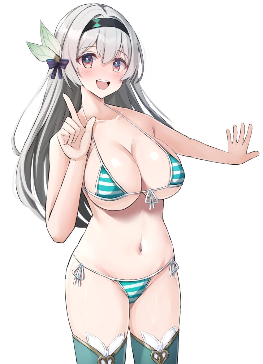 1girl alternate_breast_size alternate_costume bikini breasts collarbone commentary_request cowboy_shot firefly_(honkai:_star_rail) hand_up highres honkai:_star_rail honkai_(series) looking_at_viewer micro_bra open_mouth side-tie_bikini_bottom simple_background smile solo striped_bikini striped_clothes swimsuit tabii teeth upper_teeth_only white_background