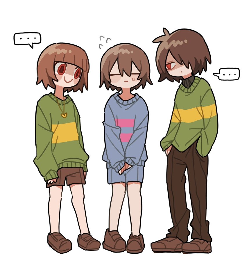 ... 3others brown_footwear brown_hair brown_pants brown_shorts chara_(undertale) chibi closed_eyes deltarune frisk_(undertale) full_body green_sweater hand_in_pocket highres kris_(deltarune) multiple_others pants red_eyes shaded_face short_hair shorts simple_background smile speech_bubble striped_clothes striped_sweater sweater tadeno undertale white_background