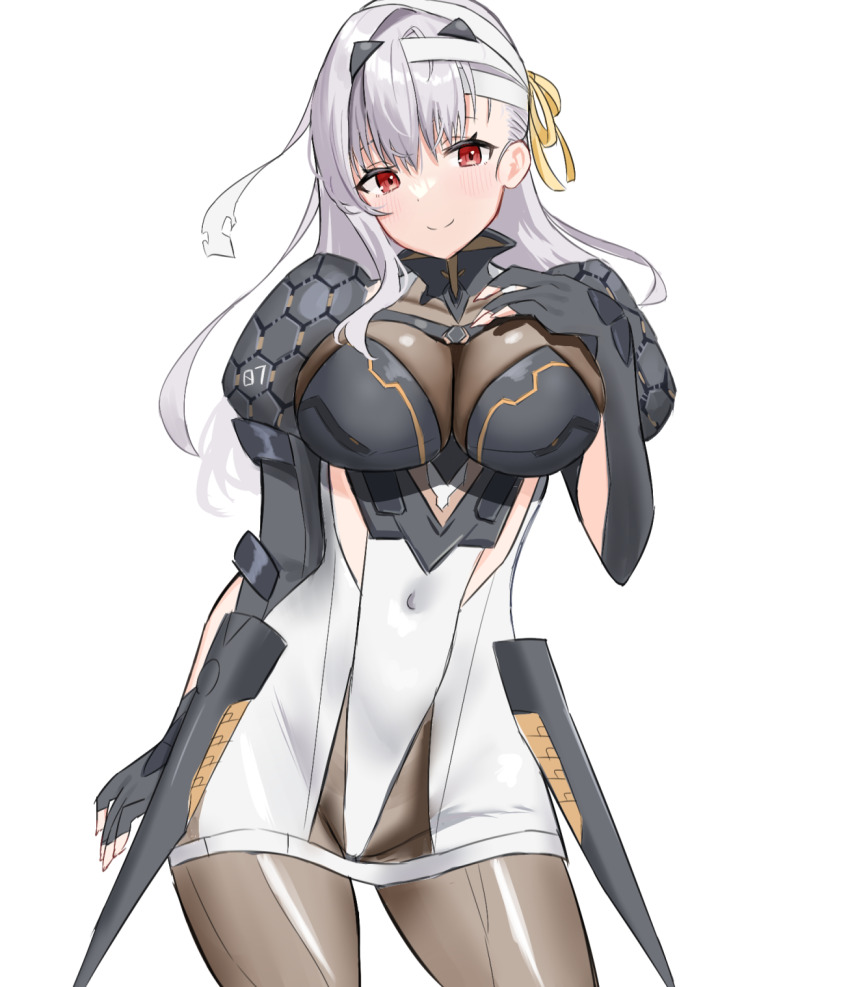 1girl armor blush bodysuit breasts cleavage fingerless_gloves gloves goddess_of_victory:_nikke grey_hair hair_ribbon hairband highres large_breasts long_hair looking_at_viewer modernia_(nikke) red_eyes ribbon see-through_clothes see-through_cleavage shoulder_armor signature skin_tight solo standing white_hairband xi_oshir1 yellow_ribbon