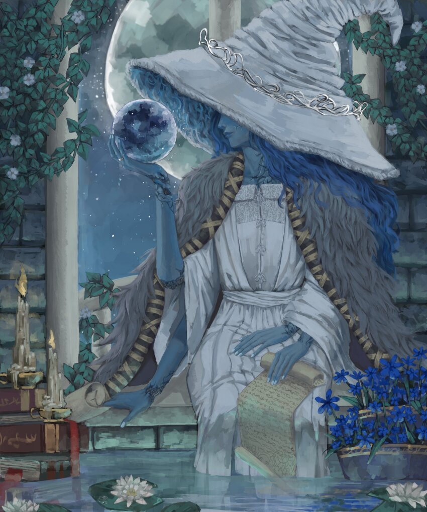 1girl blue_flower blue_hair blue_skin book candle cape colored_skin commentary cracked_skin doll_joints dress elden_ring extra_arms flower full_moon fur_cape hashtag-only_commentary hat highres holding_moon jewelry joints large_hat lily_pad long_hair looking_at_object moon night profile ranni_the_witch ring scroll sitting solo water water_lily_flower white_dress white_flower white_nails witch_hat zevranstits