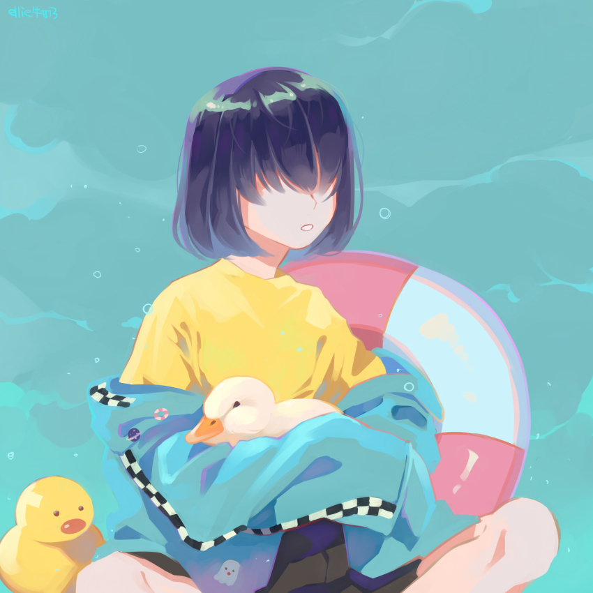 1boy animal artist_name bird black_hair black_shorts blue_background blue_jacket chinese_commentary commentary_request duck ellie_niunai_zhuyi_zhe hair_over_eyes highres holding holding_animal innertube jacket long_sleeves male_focus off_shoulder original parted_lips rubber_duck shirt short_hair shorts sitting solo swim_ring yellow_shirt