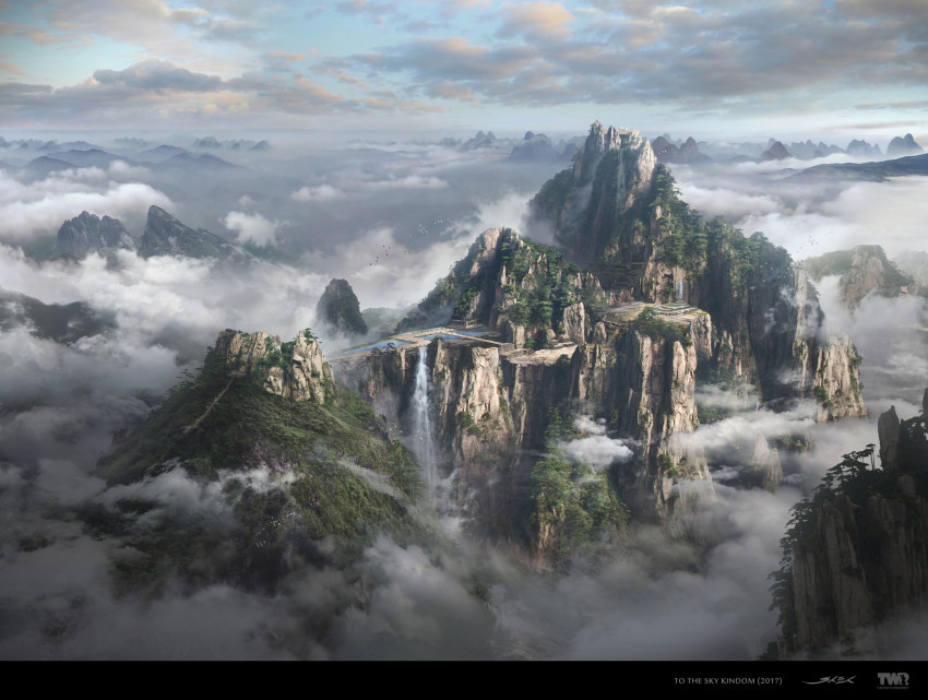 above_clouds blue_sky cloud cloudy_sky commentary dated day fantasy highres ming_yee_sheh mountain no_humans original outdoors scenery signature sky valley