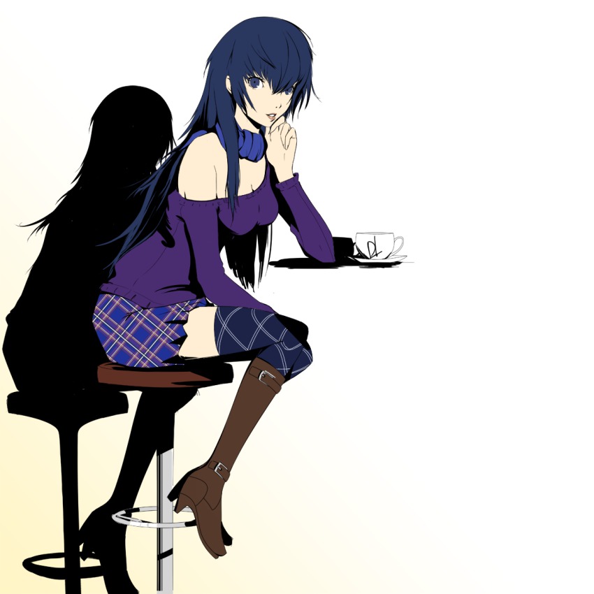 1girl bar_stool belt_boots blue_eyes blue_hair blue_thighhighs boots commentary cosplay cup dh_(brink_of_memories) female_focus female_protagonist_(persona_3)_(cosplay) hair_between_eyes head_rest high_heel_boots high_heels highres knee_boots long_hair matching_hair/eyes off_shoulder official_style persona persona_3 persona_3_portable persona_4 persona_x_detective plaid_clothes plaid_skirt shadow shiomi_kotone shiomi_kotone_(cosplay) shirogane_naoto signature sitting skirt solo stool sweater teacup thighhighs