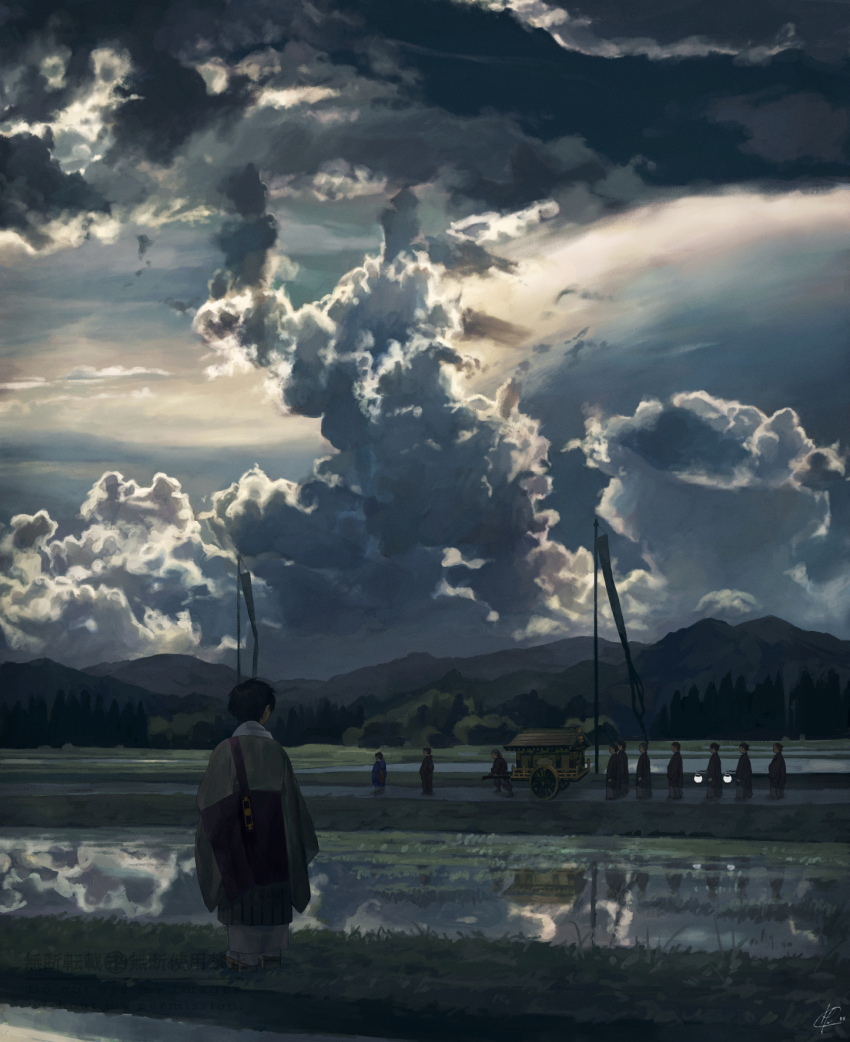 cloud flag highres hise lantern original outdoors reflection rice_paddy scenery sky standing wagon water