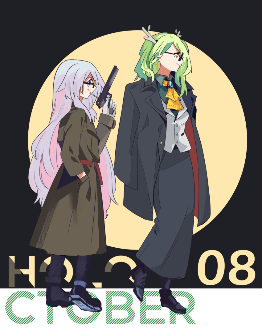 antlers black_background ceres_fauna coat earrings fongban_illust formal gangster gloves green_hair grey_hair gun hair_ornament handgun highres hololive hololive_english horns jewelry koseki_bijou long_hair mafia neckerchief purple_eyes suit sunglasses trench_coat virtual_youtuber weapon yellow_background